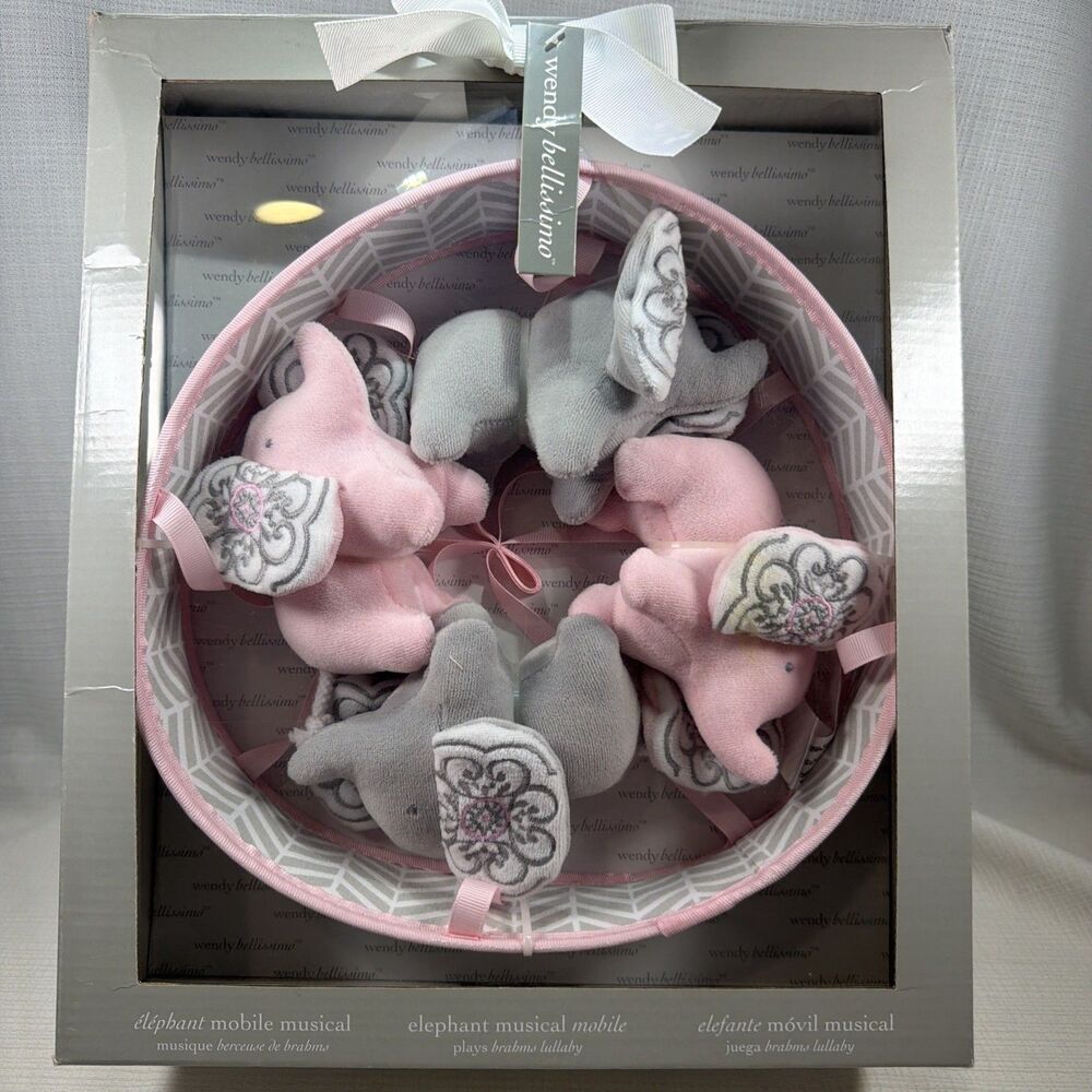 Wendy Bellissimo Elodie Elephant Musical Crib Mobile Pink Grey Open Box